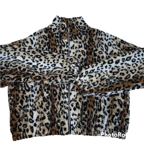 FOREVER 21 Leopard Cheetah Teddy Zip Up Jacket Black Brown Medium Mob Wife - Picture 1 of 3